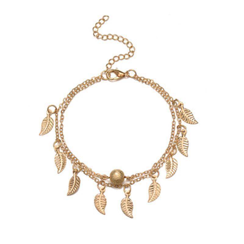 Frosted Round Beads, Small Leaves And Tassel Feet With Double-layer Anklets - Mubimart