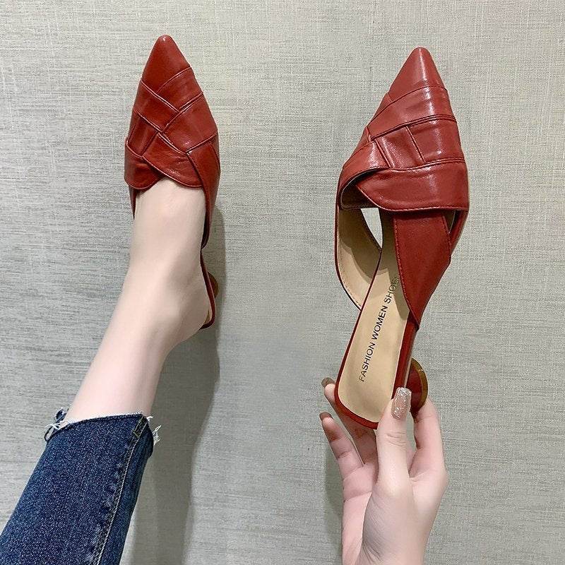 Pointed Soft Leather Sandals Women's Mid-heel Mules - Mubimart
