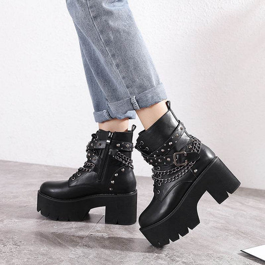 Women's Chunky Heel Booties Platform Platform Martin Boots - Mubimart