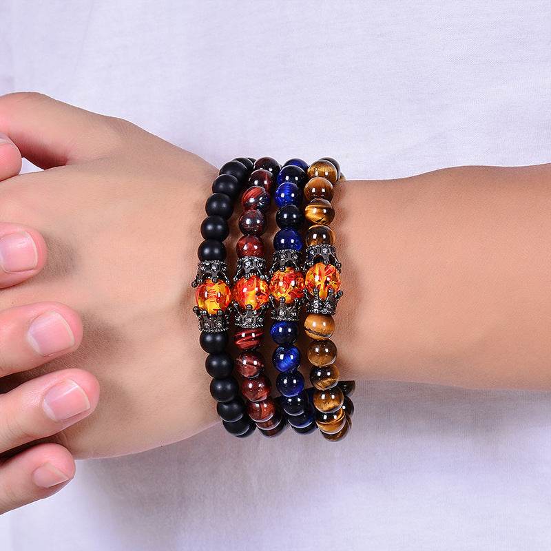 Obsidian Tigereye White-barked Pine Vintage Alloy Crown Bracelet European And American Men And Women Beaded Bracelet - Mubimart