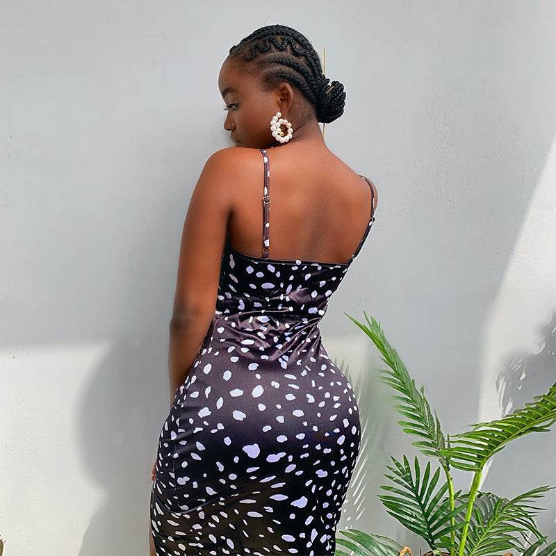 Printed Slip Dress Slit Mid Waist Fitted Dress - Mubimart