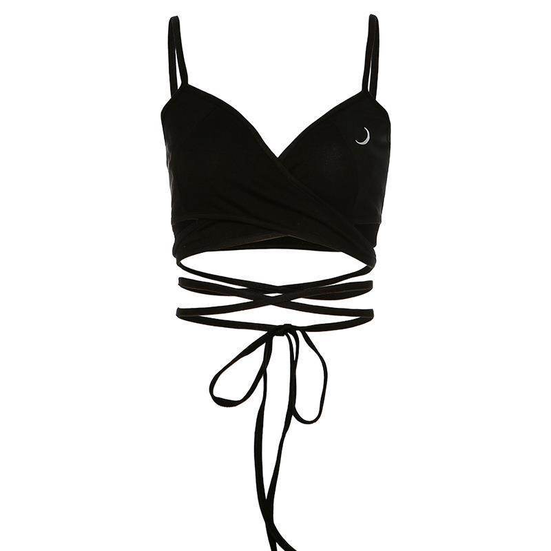 Moon Print Cross Strap Suspender Vest Short Style Crop Top For Women - Mubimart