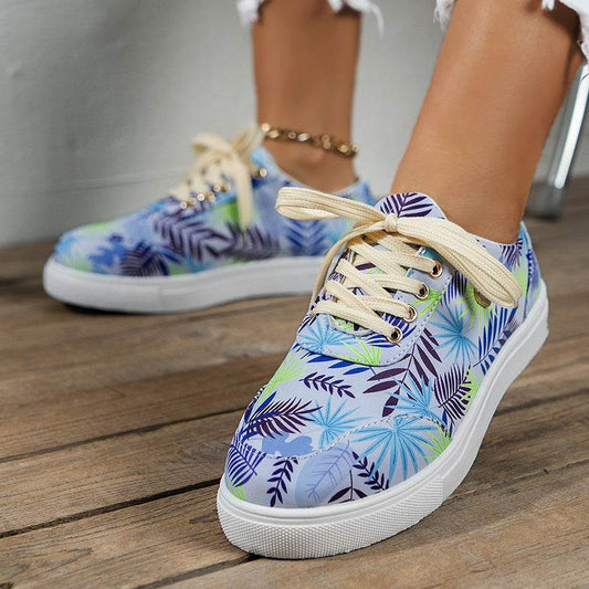 Canvas Shoes For Women Lace-Up Flats Leaves Print Casual Sneakers Round Toe Shoes - Mubimart