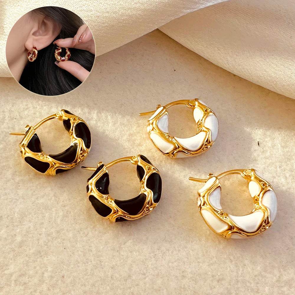 Fashion Jewelry New Trendy Enamel Color Metal Texture Small Hoop Earrings For Women Gold Plated Statement Ear Buckle Creative Jewelry Gifts - Mubimart