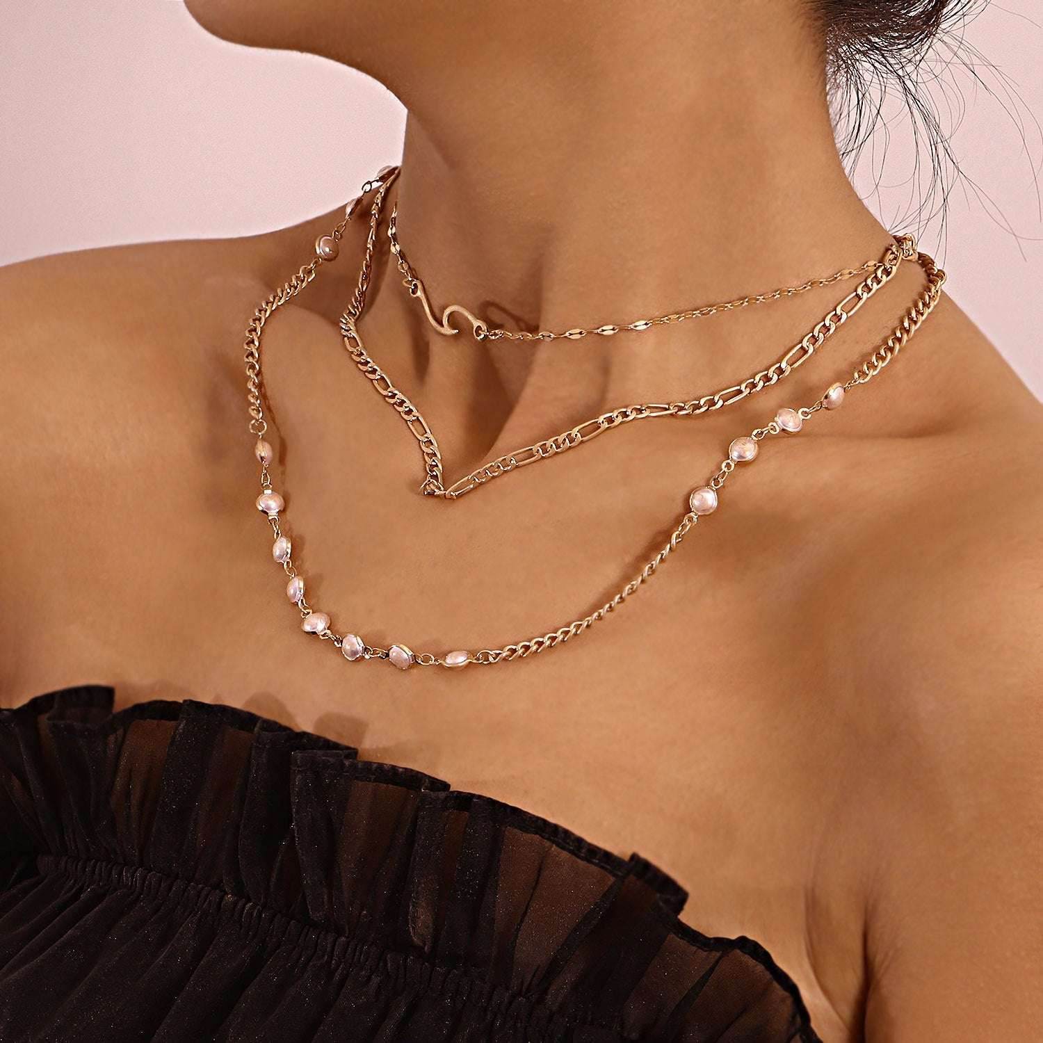 Multilayer Pearl Thin Chain Necklace Women - Mubimart