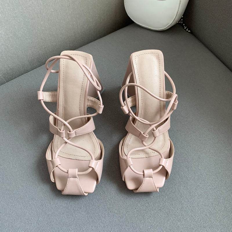 Square Toe Back Hollow Roman Lace Up High Heels - Mubimart