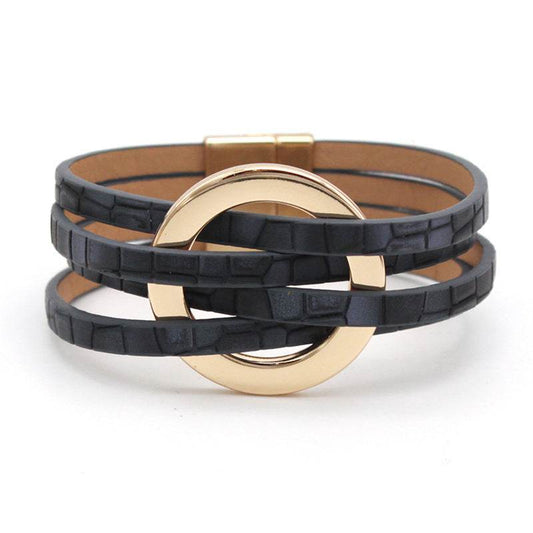 Cross Leather Women Bracelet Metal Big Ring Cuff Bangle Multi-layer Wristband Magnetic Snap Bangle - Mubimart