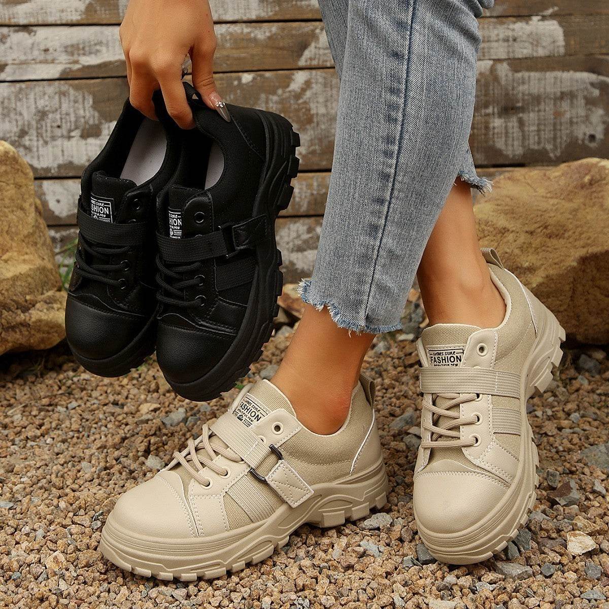 Lace-up Canvas Shoes With Hook Design Fashion Breathable Thick-soled Round-toe Casual Shoes For Women Sneakers - Mubimart