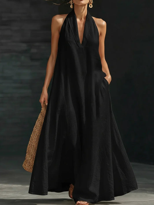 Casual V-neck Dress Halter Style Long Dress For Women's Casual Solid Color A-line Dress For Daily Wear