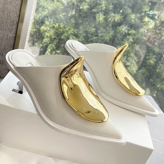 French Style Pointed Toe Kitten Heel Muller Closed-toe Slippers Metal Decoration - Mubimart