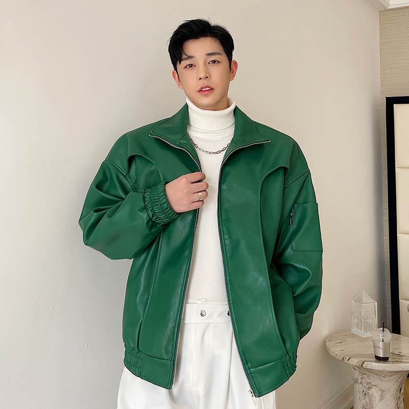 Mens Fashion Lapel Short Biker Leather Jacket - Mubimart