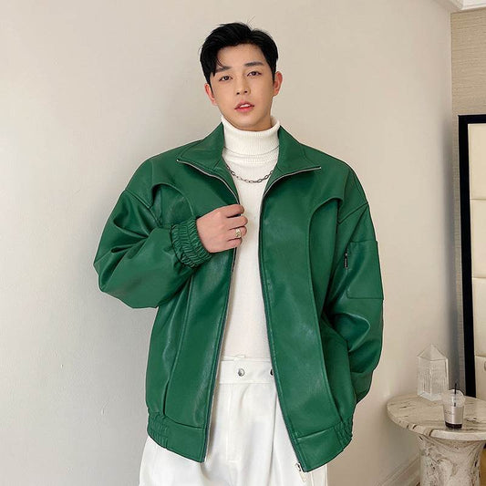 Mens Fashion Lapel Short Biker Leather Jacket - Mubimart