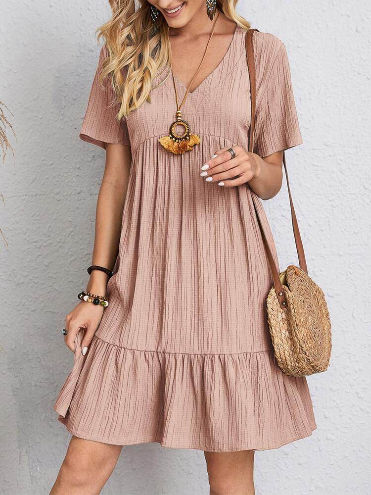 Summer V-neck Dresses Women's Loose Casual Short-sleeved Corset Dress - Mubimart