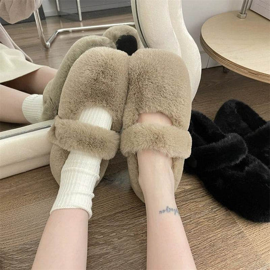 Mary Jane Fluffy Shoes Women's Winter Outerwear Flats - Mubimart