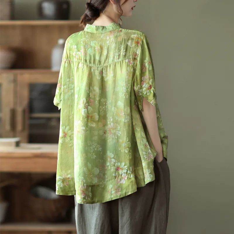 Vintage Digital Printed Cotton Linen Blouse For Women - Mubimart