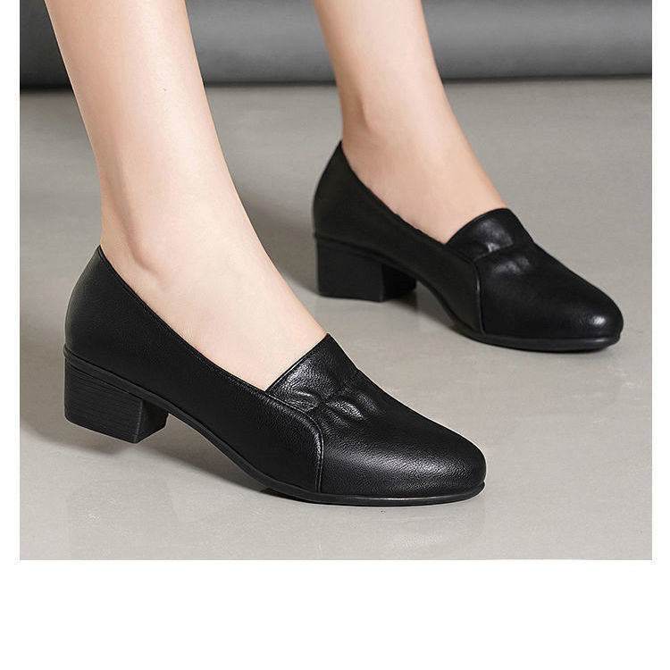 Women's Non-slip Soft Sole Thick Heel Comfortable Casual Work Leather Shoes - Mubimart
