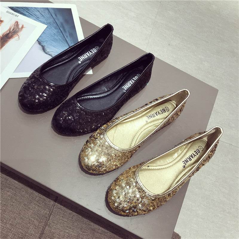 Fashion Pumps Flat Bottom Flat Heel Comfortable Sequins Shiny Pumps - Mubimart