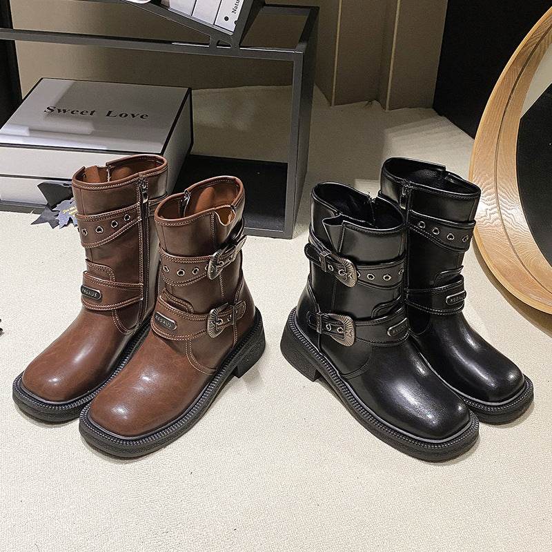 Brown Women's Ankle Boots Retro Square Toe - Mubimart