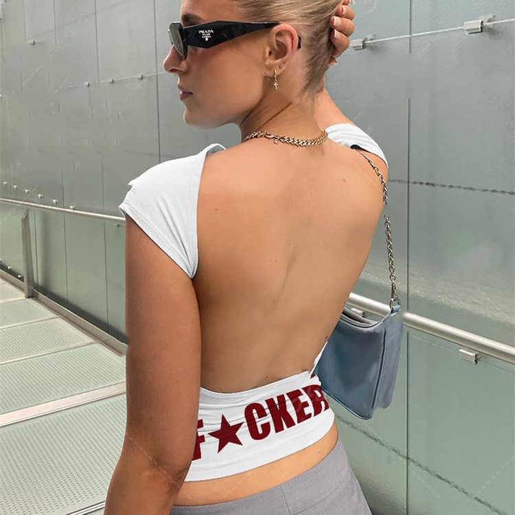 Backless Short Sleeve White Y2K Clothes Crop Top Women Aesth - Mubimart