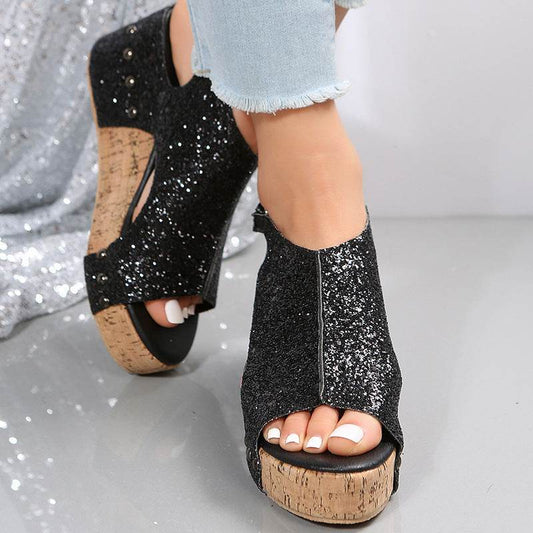 Summer Chunky Wedges Sandals Fashion Sequins Velcro Shoes Women - Mubimart