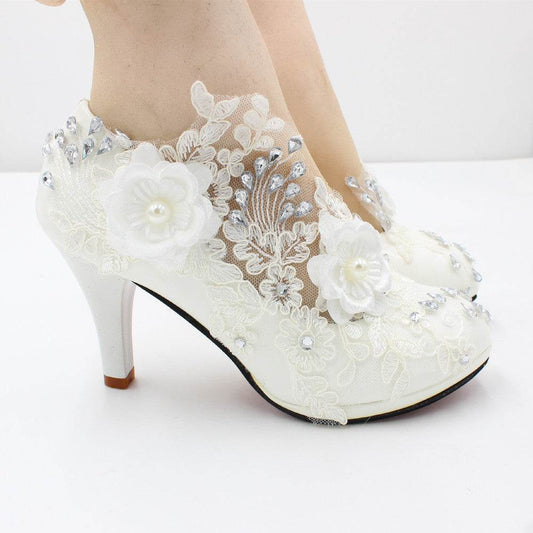 3D Floral White Lace High Heels - Mubimart