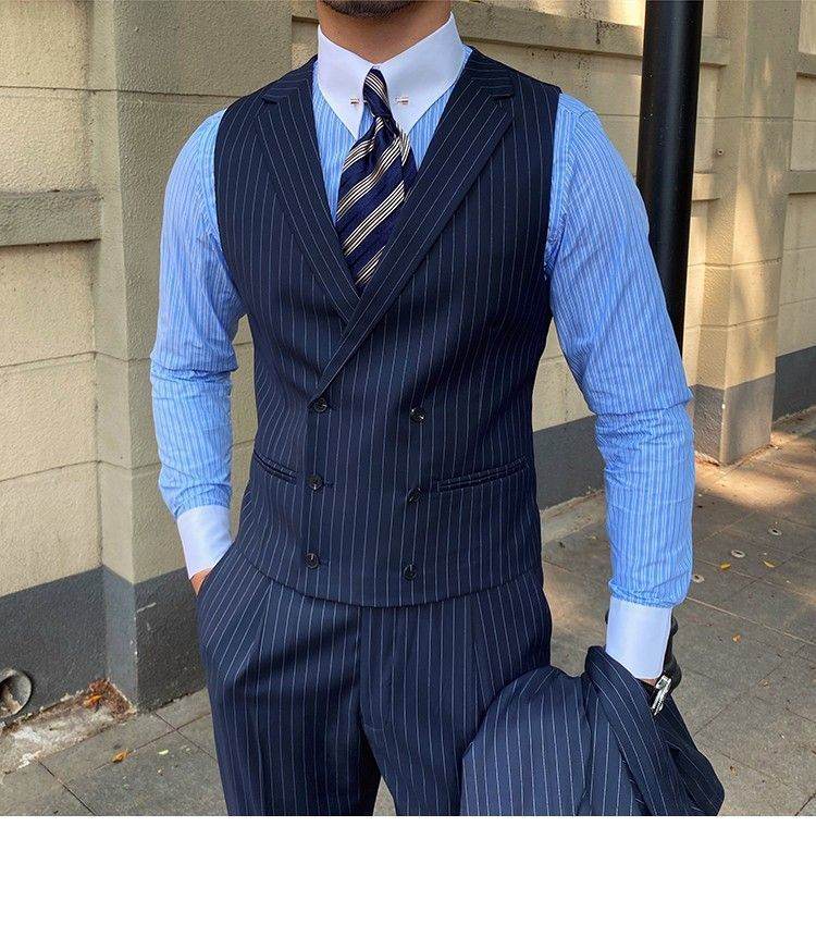 Men's Striped Suit Vest Italian Style Neapolitan Double Breasted Lapel Vest - Mubimart
