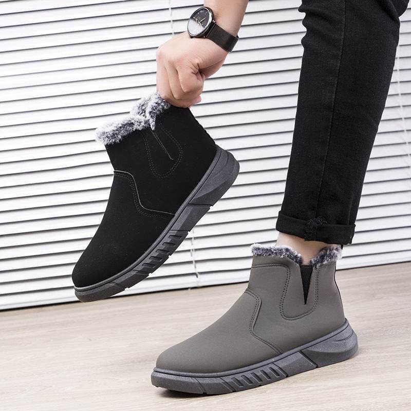 Winter Snow Boots Men V Cutout Shoes With Plush Ankle Boots - Mubimart