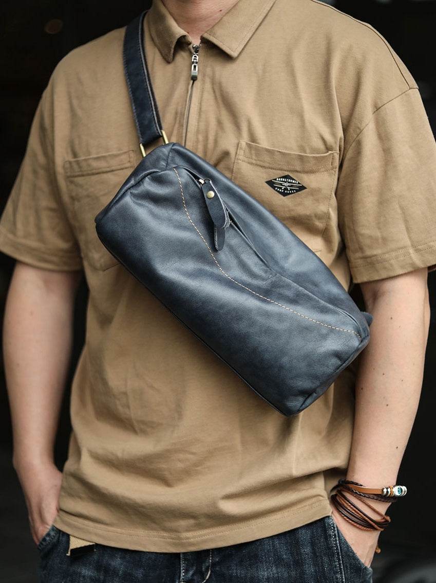 Cowhide Motorcycle Fanny Pack Harajuku Single Shoulder Crossbody Bag - Mubimart