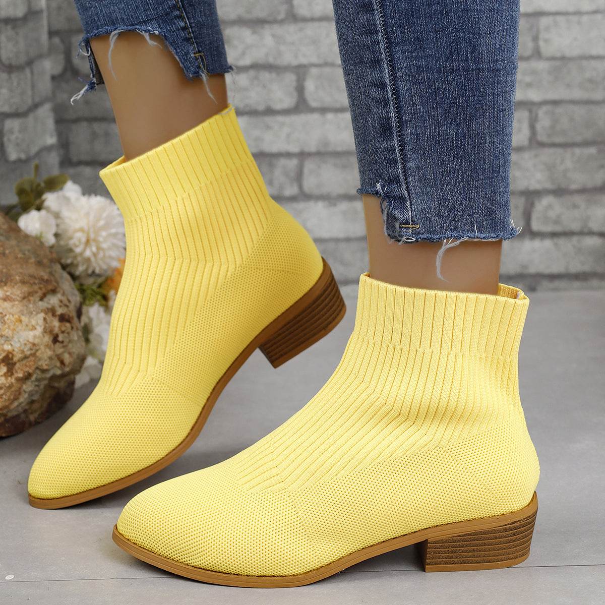 Chunky Heel Pointed Toe Ankle Boots Fashion Breathable Mid-tube Knitted Socks Shoes For Women Short Boot - Mubimart
