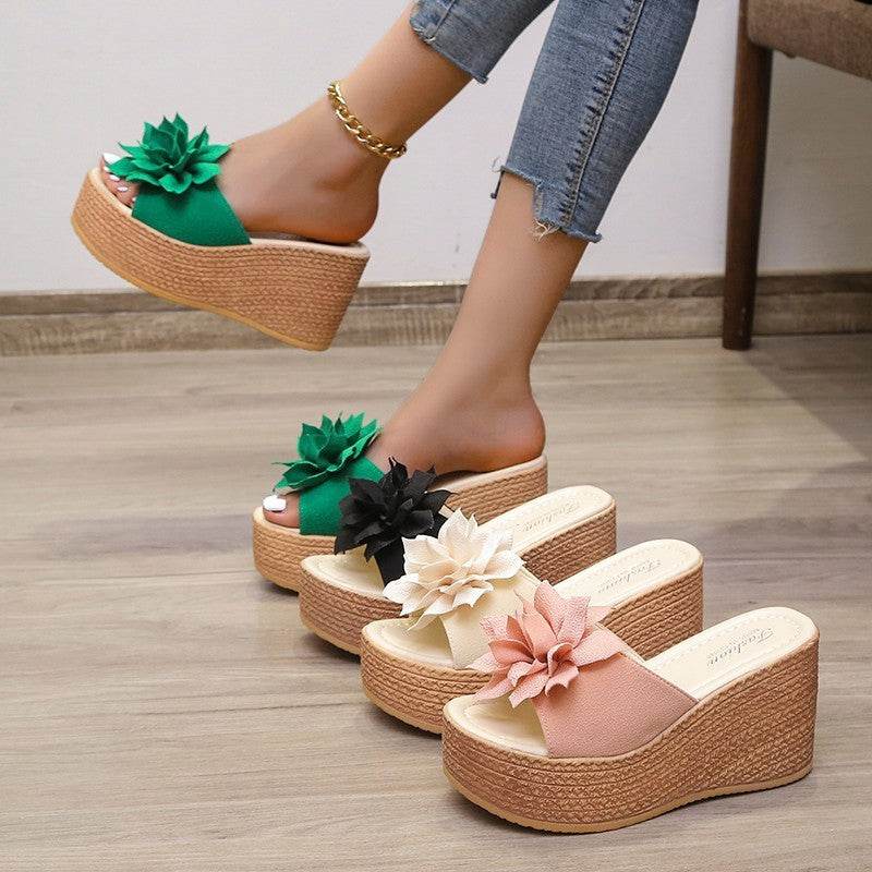 Women's Wedge Heel Flower Muffin Heel Flat Sandals - Mubimart