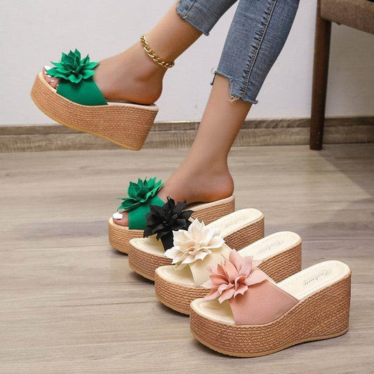 Women's Wedge Heel Flower Muffin Heel Flat Sandals - Mubimart