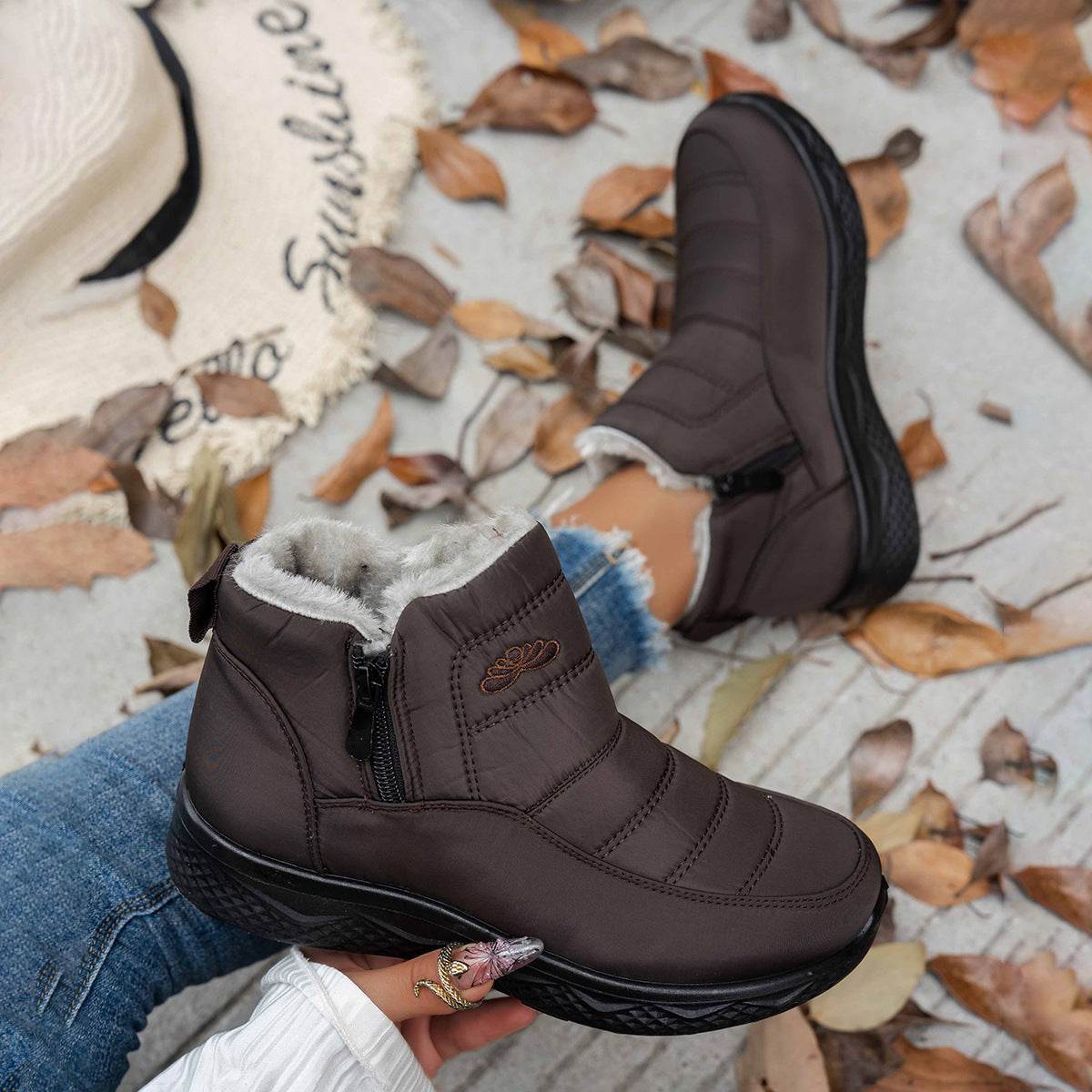 Winter Snow Boots WIth Side Zipper Casual Warm Plush Flat Shoes Women's Fleece Ankle Boot - Mubimart