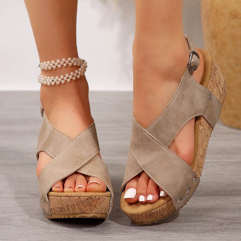 Women's Rivet Wedges Snadals Thick Bottom Fish Mouth Shoes Summer - Mubimart