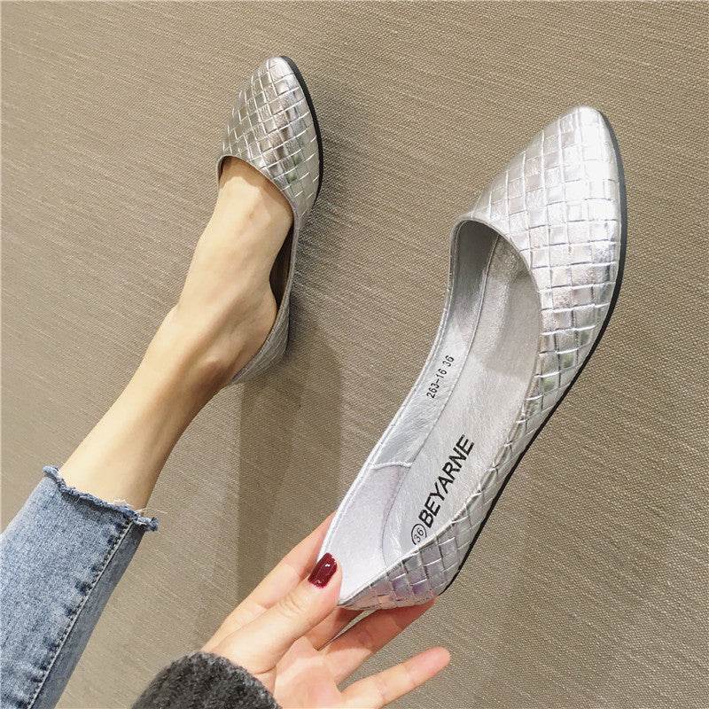 Women's Woven Golden Silver Flat Pointed Toe Shoes - Mubimart