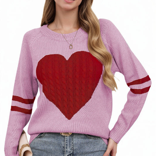 Women's Heart-shaped Jacquard Knitted Round Neck Sweater Top