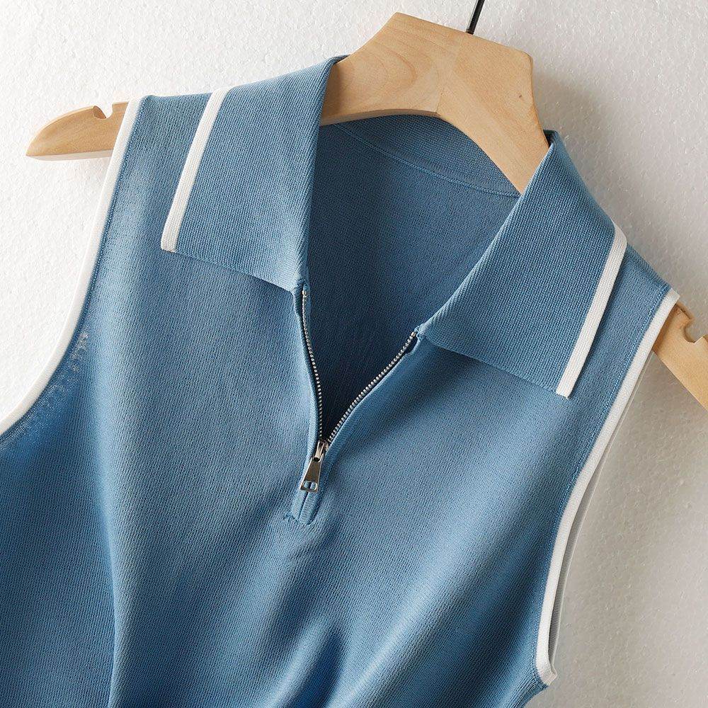 Casual Sweater Collar Size Women's Ice Silk French Style Vest Sleeveless - Mubimart