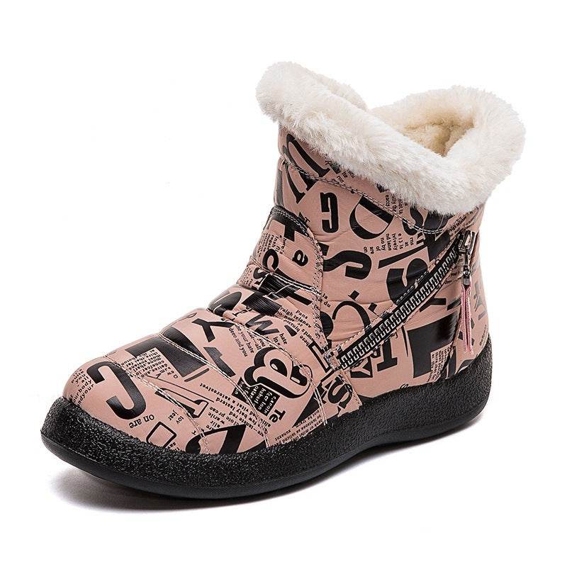 Letter Print Boots Winter Warm Plush Snow Boot Women Shoes - Mubimart