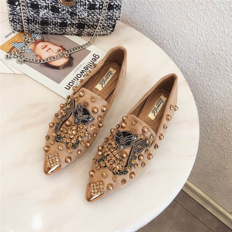 Women's Rhinestone Pointed Toe Rivet Flat Shoes - Mubimart