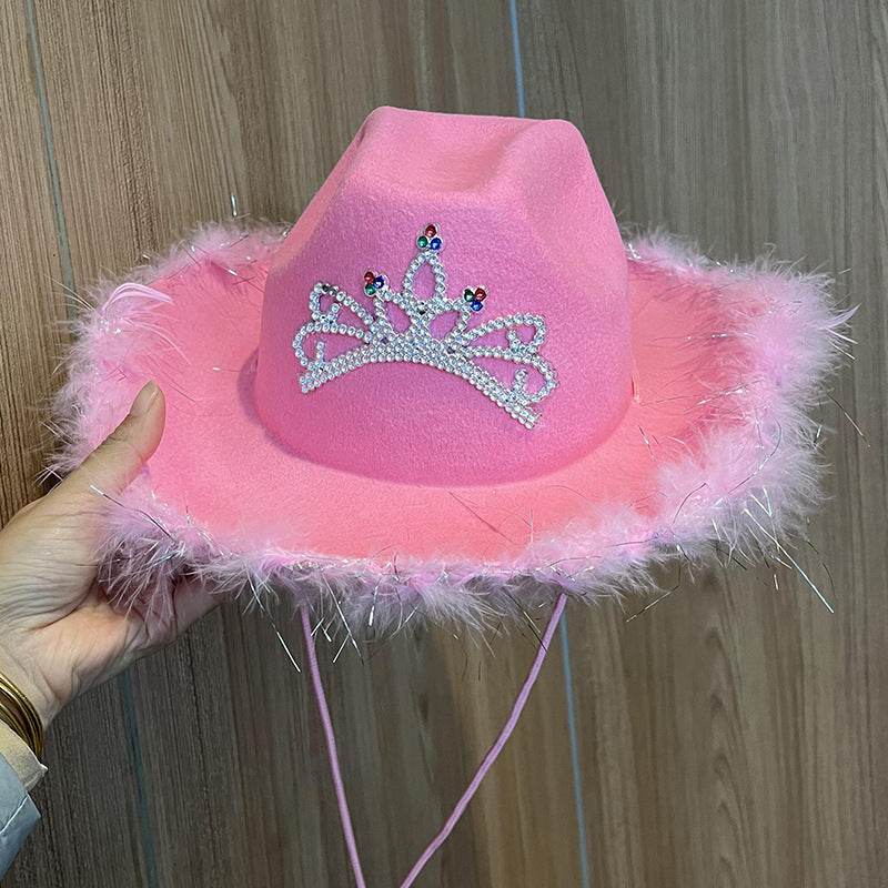 Western Denim Big Brim Sun-proof Rhinestone Crown Fedora Hat - Mubimart