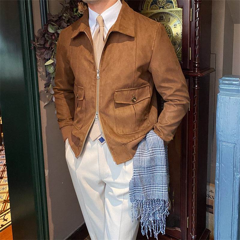 Suede Coffee Bomber Jacket For Man - Mubimart