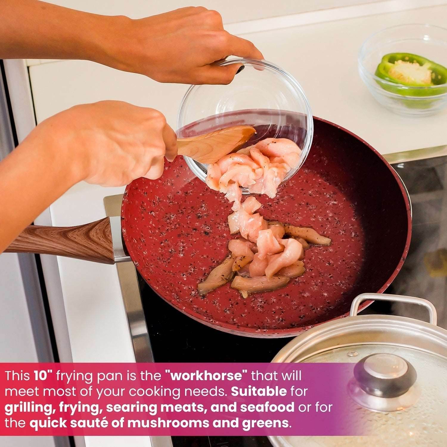 10 Inch Frying Pan With Special Lid - Deluxe Copper Granite Stone Coating - PFOA PFOS PTFE Free - Premium Nonstick Scratch Proof Coating - Comes With Special Lid, Red - Mubimart