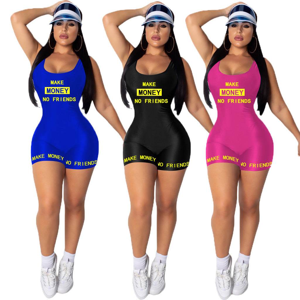 Women Casual Sports Jumpsuit Summer Sleeveless Vest Letter Print Bodysuits Sexy Fitness Fashion Rompers One Piece Outfits - Mubimart