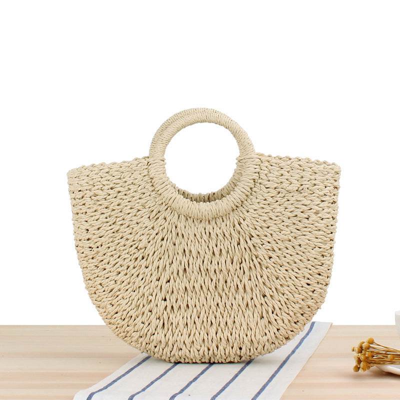 Round Straw Bags Women Summer Rattan Bag Handmade Woven Beach Cross Body Bag - Mubimart