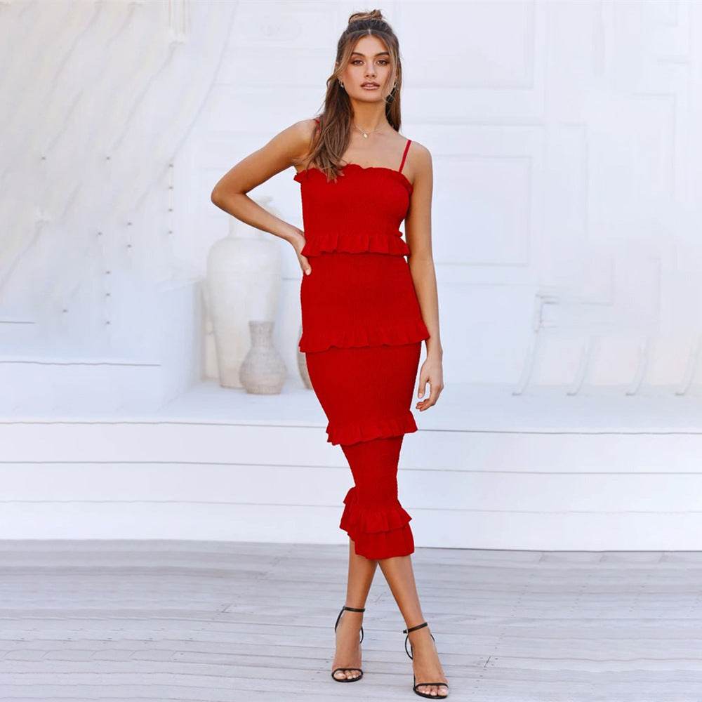 Strap pleated cake dress maxi - Mubimart