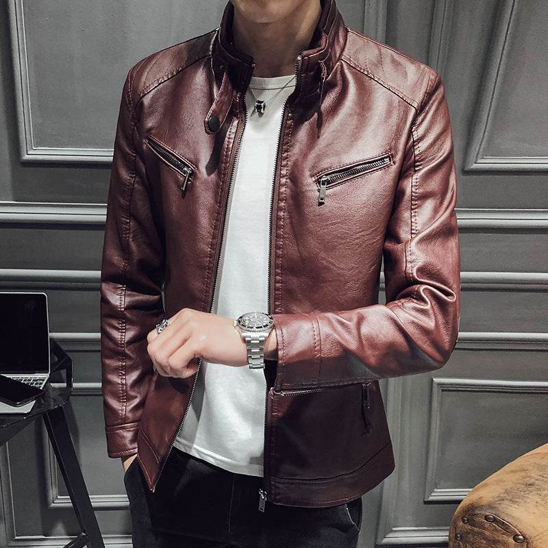 Leather jacket men's leather zipper cardigan men's jacket - Mubimart