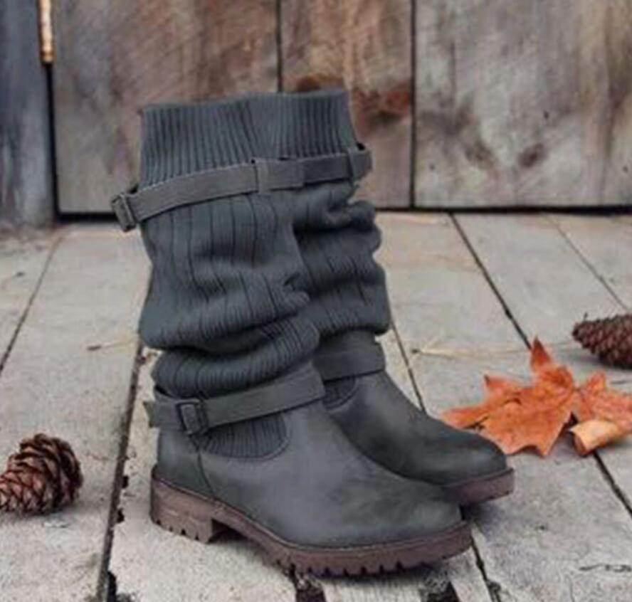 Vintage Style Winter Women Lady Warm Plush Fur Knitted Woolen Cotton Booties Martin Boot Shoes - Mubimart
