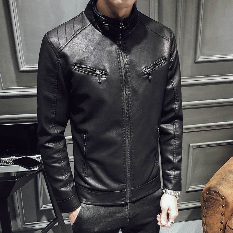 Leather jacket men's leather zipper cardigan men's jacket - Mubimart