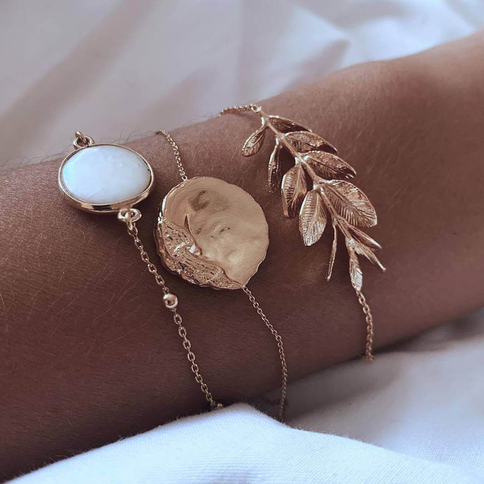 3-piece alloy leaf gemstone bracelet - Mubimart