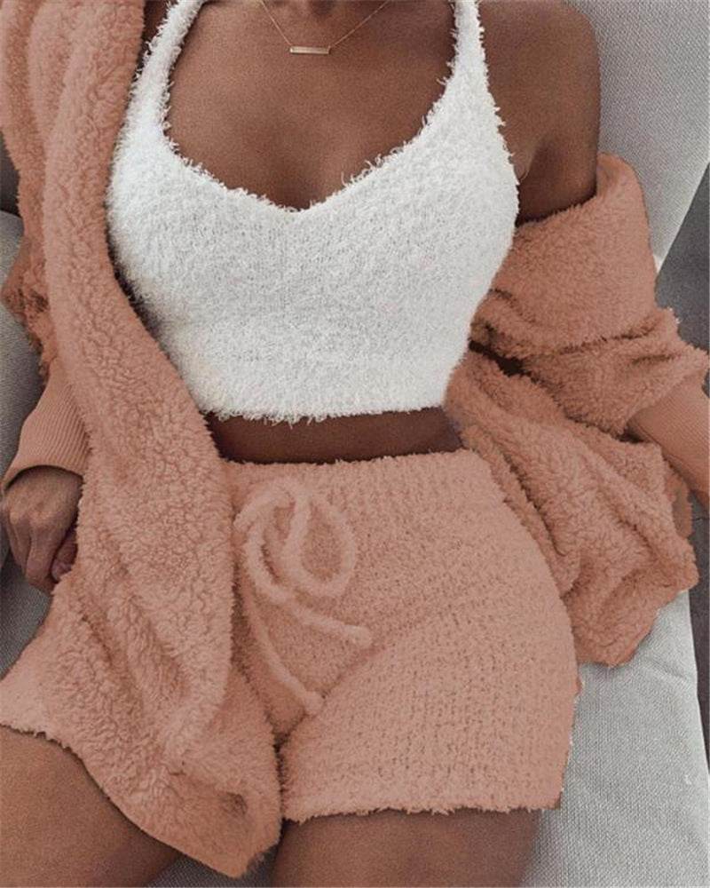 3pcs Womens Clothing Long Sleeve Crop Tank Top And Drawstring Shorts Pajama Set - Mubimart
