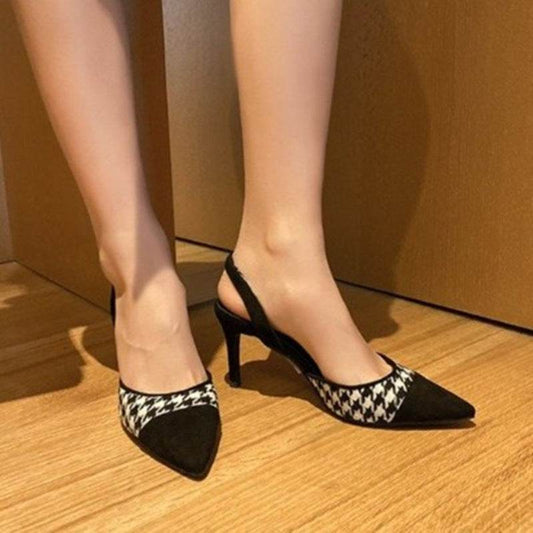 All-match pointed shallow mouth slingback strappy heel black sandals - Mubimart